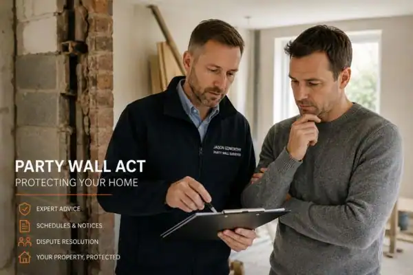 Party wall surveyor Rugby discussing extension plans with homeowner outside a UK semi-detached house.